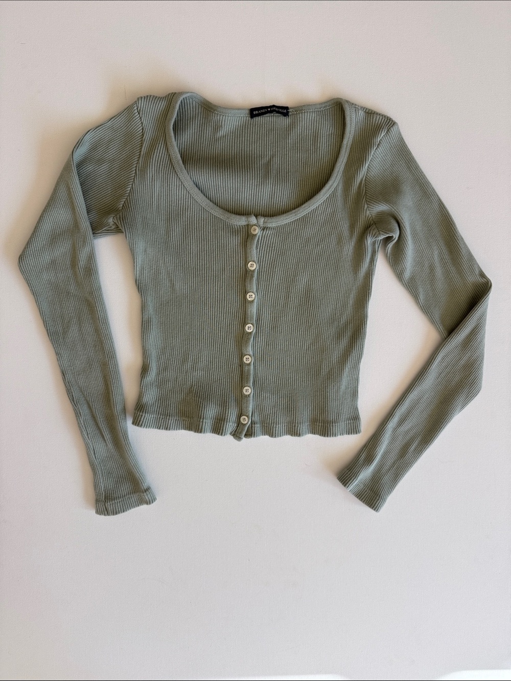 Brandy Melville Sage Ribbed Scoop Neck Button-Front Long Sleeve Top